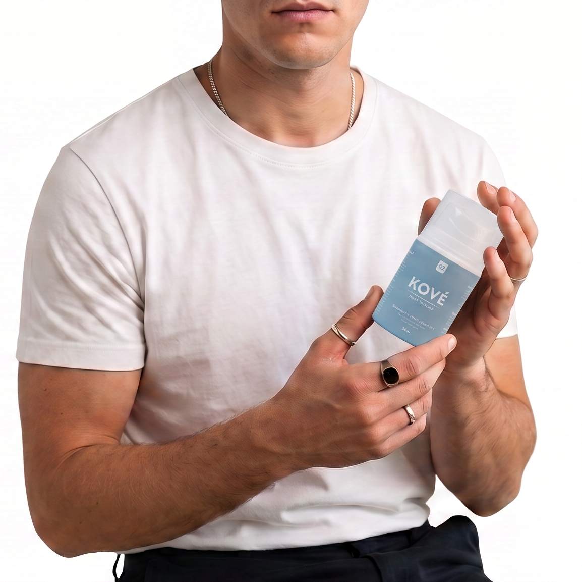 A man holding Kove skincare brand in his hand